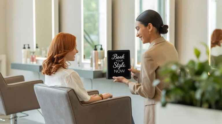 Cliente y trabajadora gestionando una cita en un salón moderno con Hazunareserva