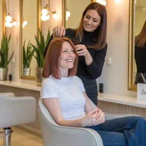 Estilista trabajando con cepillo en el cabello de una clienta sonriente frente a un espejo en el salón