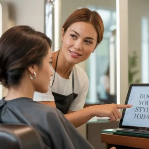Estilista mostrando en una tablet el sistema de reservas online a una clienta en salón de peluquería